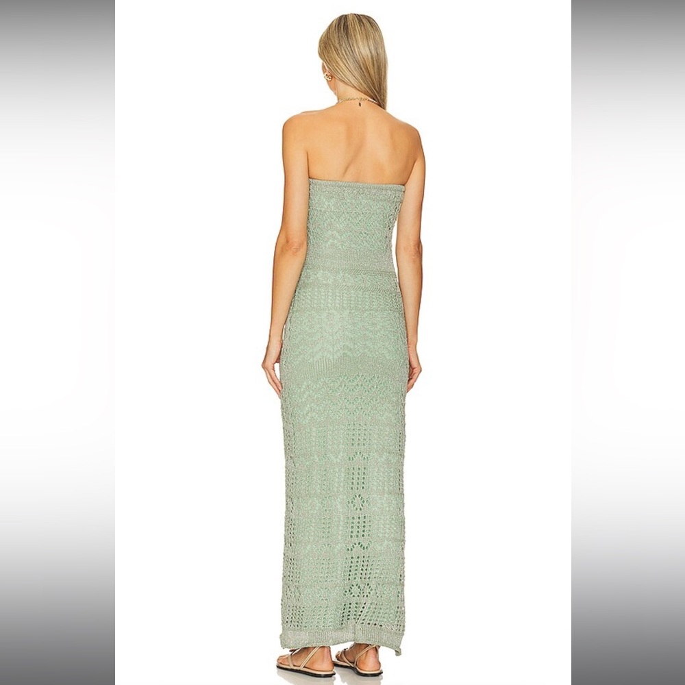 SNDYS x Revolve Strapless Crotchet Maxi Dress in Green Shimmer - Picture 2 of 5